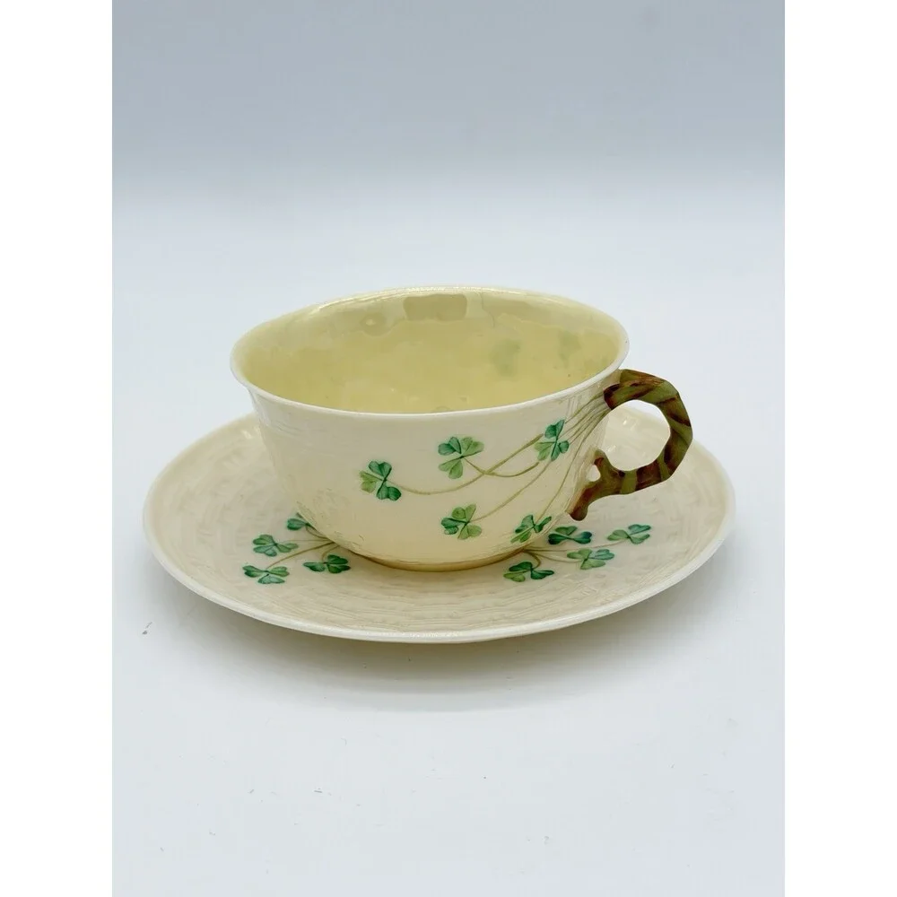Belleek Irish Porcelain Shamrock Teacup & Saucer 5th Green Mark 1955–1965